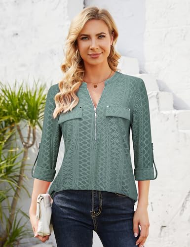 Image of Bulotus 3 /4 Length Sleeve Womens Striped Tops Zipper V Neck Collared Blouses Business Casual Tunics 2026 Spring Trendy
