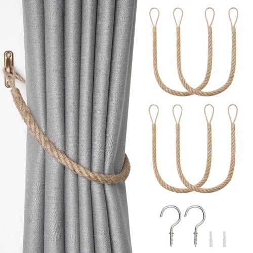 Pretty Jolly 4 Pack Natural Jute Rope Curtain Tiebacks Boho Rustic Style Decorative Drape Tie Backs Elegant Hand-Woven Rope Curtain Holdbacks with Metal Hook for Home & Office Drapery (Jute-Rope)