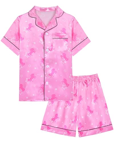 Kids Girls Pajama Set Silky PJS Button-Down Sleepwear Nightwear Loungewear Clothes Set Gifts