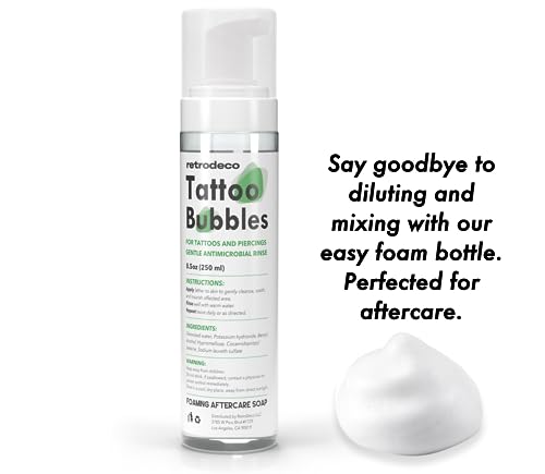 RetroDeco 8.5oz Tattoo Bubbles Foaming Aftercare Green Soap to Heal, Cleanse, and Clean Skin & Piercings - Gentle, Moisturizing, & Vegan Formula (8.5oz, Foam)