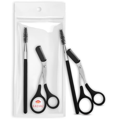 GAEVAZ® Tijeras para Cortar Cejas con Peine desmontable + Cepillo para Peinar y dar Forma a Cejas y Pestañas | Corta Cejas de Forma Profesional desde Casa ideal para Mujeres y Hombres. (Negras)
