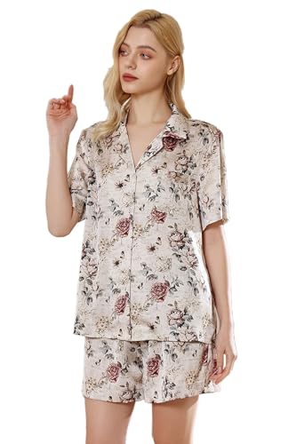Image of YiNi LuLu Womens Silk Satin Shorts Pajamas Set Button Down 2 Piece Pjs Short Sleeve Oversized Sleepwear with Pockets