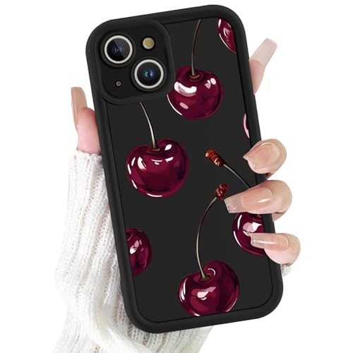 Coalbooliy Cover per iPhone 14 6,1”, Aesthetic Ciliegio Motivo Custodia Nero Cute Ragazze Donne Opaca Sottile Leggera Silicone Antiurto AntiGraffio TPU Bumper Protezione della fotocamera Case, 02