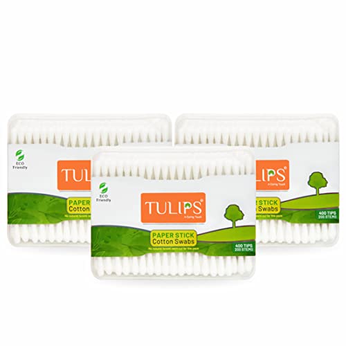 Image of TULIPS Cotton Ear Buds /Swabs (Pack of 3) with white PAPER Sticks 200 /400 Tips in a Flat Box