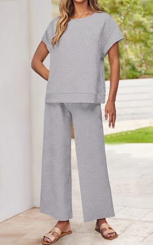 Image of PRETTYGARDEN 2 Piece Outfits For Women Casual Tracksuit Short Sleeve Tops And Wide Leg Long Pants Matching Lounge Sets