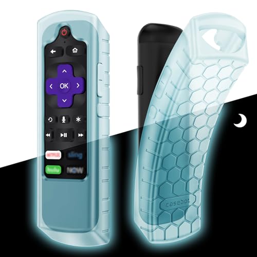 CaseBot Remote Case for Roku Voice, Express HD / 4K+, Ultra LT Enhanced Voice, Express 3930, Premiere+ 3921, Streaming Stick+ Remote, Honey Comb Anti Slip Shockproof Silicone Cover, Blue Glow