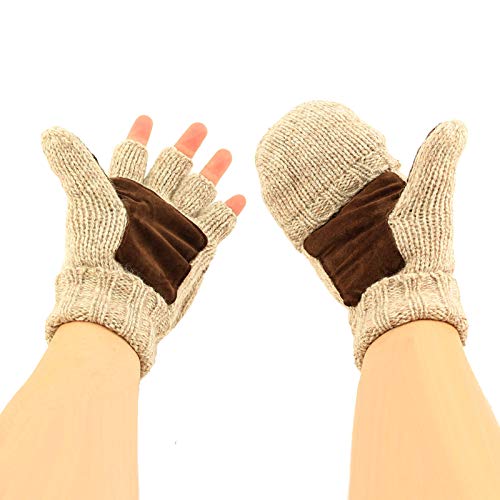Sk Hat Shop Men's Thinsulate 3M Thick Wool Knitted Half Mitten Suede Palm Gloves L/Xl Beige #TOP2