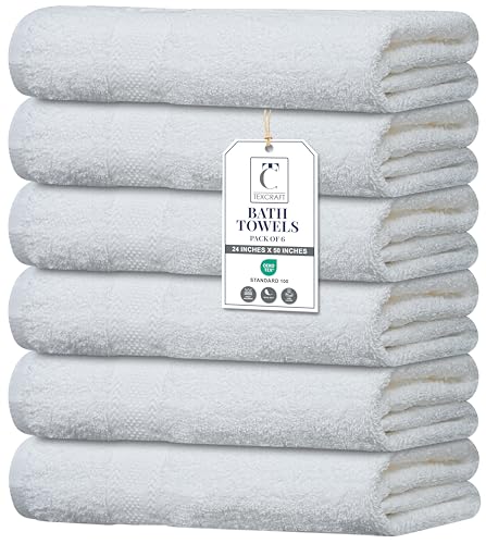 TEXCRAFT Large Bath Towels Set of 6 – 100% Cotton Terry – 24" x 50" – Quick Dry, Soft & Highly Absorbent – White Towels for Bathroom, Gym, Spa, Pool & Daily Use