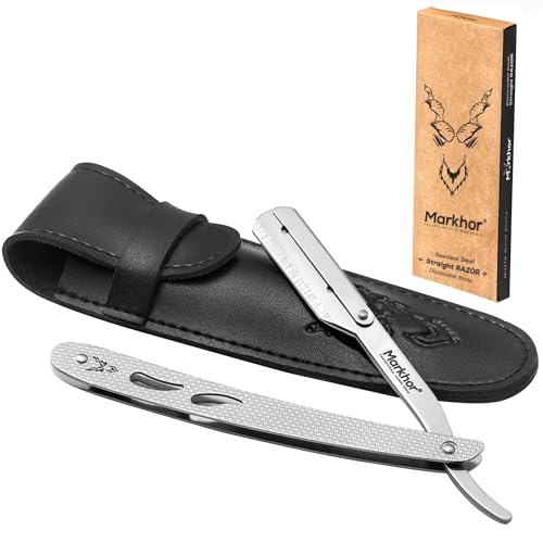 MARKHOR® Kit de rasoir coupe gorge, rasoir droit en acier inoxydable – Rasoir de barbier professionnel, rasoir à bord droit, rasoir à moustache et barbe,...