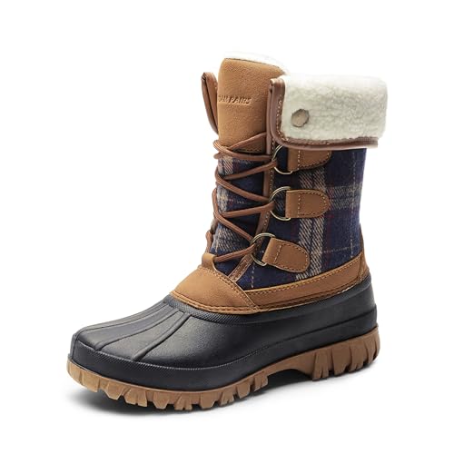 DREAM PAIRS Womens Winter Snow Duck Boots,Waterproof Mid Calf Anti-slip Stability Lace Up Faux Fur Lining Warm Cozy Boots Outdoor Supportive Insole,Size 9,Tan,DWUMSB2520