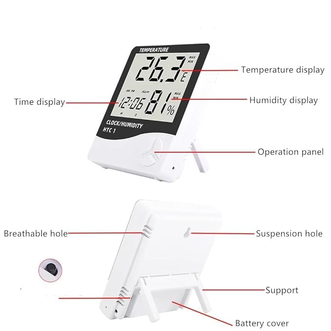 Image of HTC-1 Digital Room Temperature & Humidity Meter | Indoor /Outdoor Thermo Hygrometer with LCD Display, Alarm, Calendar & Clock | Wall Mounting Temperature Indicator for Home, Office, Incubator (White)