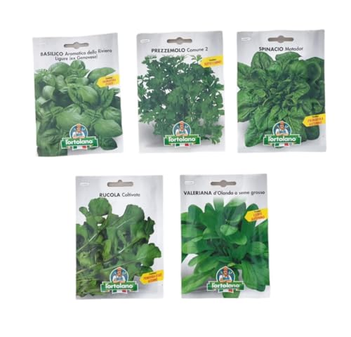 L'ORTOLANO-OFFERTA-5 BUSTE Di Semi Da Piantare-Basilico, Prezzemolo, Rucola, Spinacio, Valeriana. Sementi Selezionate e di Alta Qualità. Buste Termosaldate.