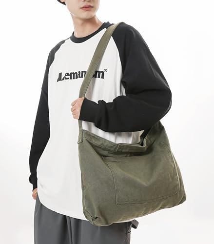 Image of Cotton Tote Handbag Women Canvas Crossbody Beach Bag Hobo Shoulder Tote Bag with 3 External Pocket,Zipper Closure