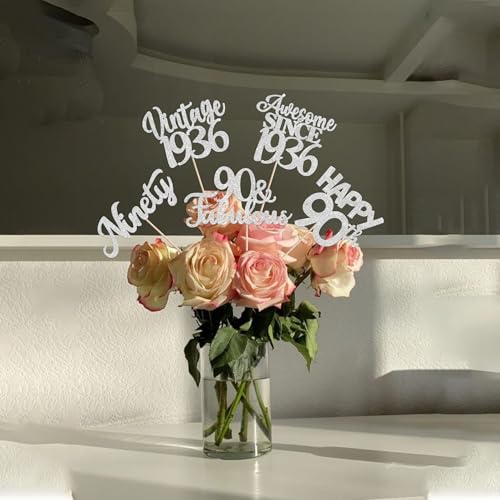 Image of 15 PCS 90th Birthday Centerpiece Sticks Ninety Happy 90 Vintage 1936 Table Flower Centerpieces Sticks Cheers to 90 Fabulous Floral Decorations for 90th Birthday Party Supplies Silver