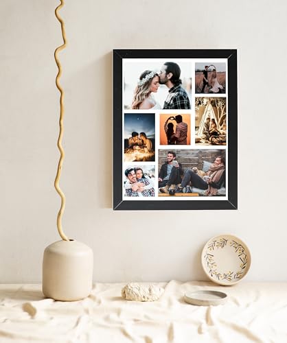 Image of Wood Customized 7 Photo Collage Frames for Wall, Personalised Rectangular Photo Frame with Photo Upload for Couple, Family, Kids in Bedroom, Living Room and Gift, 8x12 Inch, Black