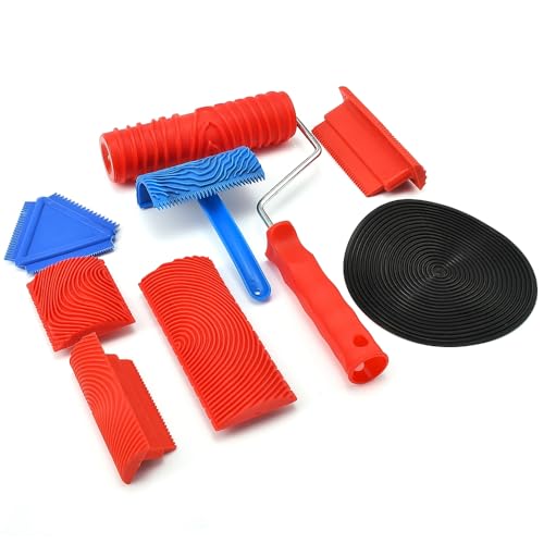 Blueshyhall 8-tlg Holzmaserung Werkzeug Satz aus Gummi, Enthält Holz Effekt Rolle mit Griff und Runde Muster Malwerkzeuge, Holzmaserung Set für Wände, Böden, Türen, Möbel, DIY, Interieur, Exterieur