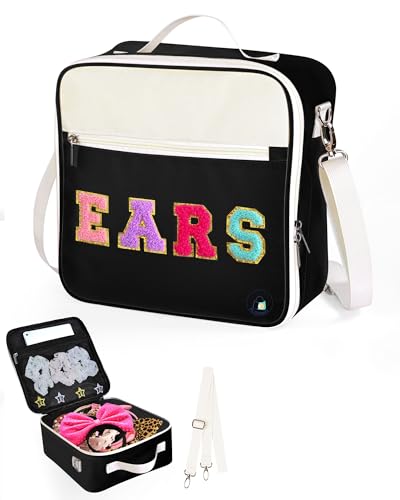 PLOZANO Estojo de viagem para orelhas de rato, multibolsos, grande, com letras de chenille, orelhas de rato, alça de ombro 28 x 28 x 11,4 cm (preta)