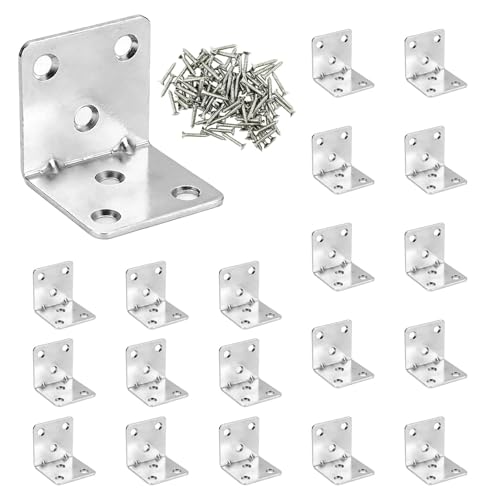 Image of 20 Pcs L Metal Brackets for Wood, Heavy Duty 40x40x40mm Metal Right Angle Corner Sleeper Brackets for Wooden with Screws for Fixing and Repairing Wood Furniture
