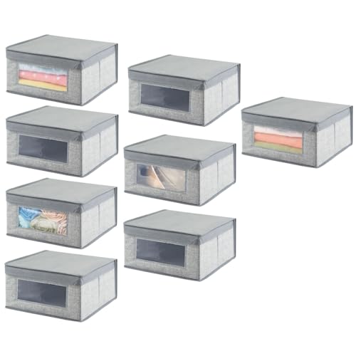 Image of mDesign Medium Fabric Stackable Closet Storage Organizer Box with Front Window/Lid for Bedroom, Office, Mudroom Organization, Hold Clothes, Blankets, Linens, Lido Collection, 8 Pack, Gray