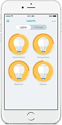 Smartphone screen displaying a smart lighting control app with various light bulb icons for different rooms.
