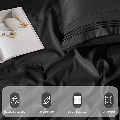 Redkey Queen Size Bed Sheets With Deep Pocket 4 Pieces Breathable Sheets & Pillowcases Sets Wrinkle Resistant Polyester Bed Sheet Set Queen- Easy Care (Queen,Black) #TOP4
