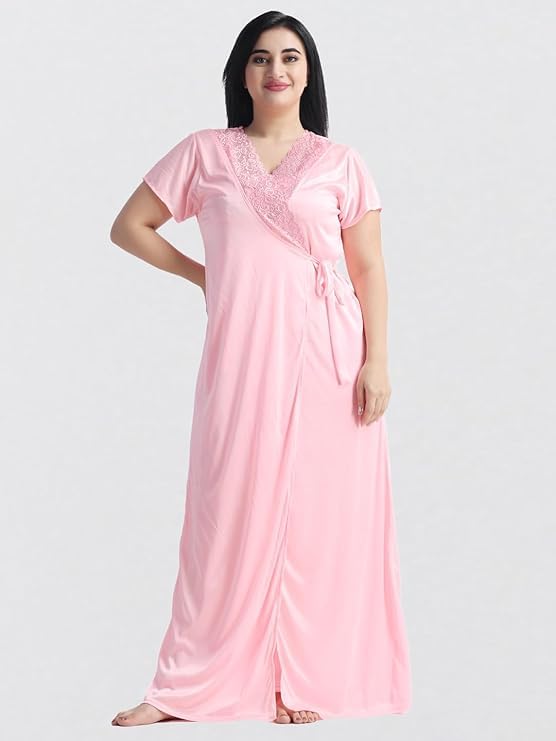 Image of Satin 6 Piece Nightwear Set, Coral Pink Lace Trim Sleepwear with Robe, Nighty, Top, Shorts, Lingerie Set for Women, Summer Collection-Mehndi Green.