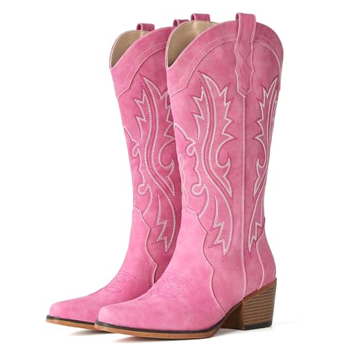 Image of IUV Cowboy Boots For Women Western Cowgirl Boots with Chunky Heel Mid Calf Snip Toe Ideal for low insteps