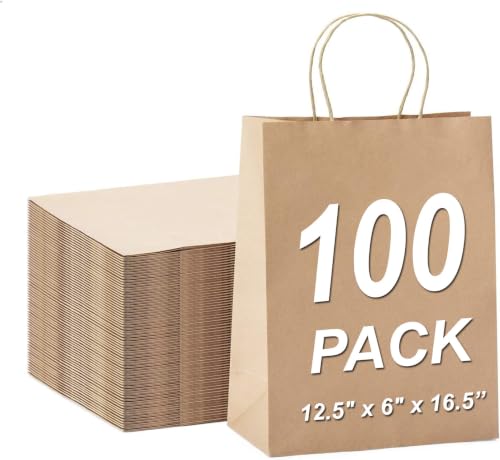 Image of Aakriti Craft Paper Bags, Rakhi Gift Bags with Handles, Small Craft Shopping Bags in Bulk for Boutiques, Small Business, Retail Stores, Gifts & Merchandise (BROWN-100PCS, LARGE-12.5 inch x 6 inch x 16.5 inch)