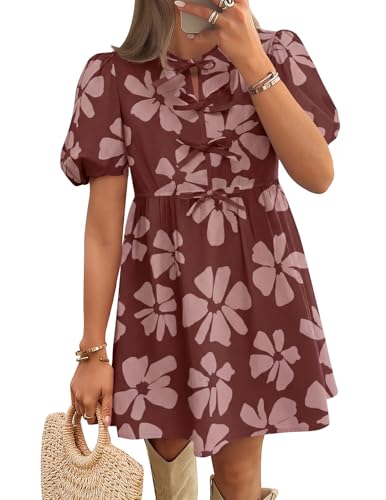 Image of ZESICA Women's Summer Short Sleeve Tie Front Mini Dress Babydoll Ruffle Pleated A Line Vacation Graduation Short Dresses