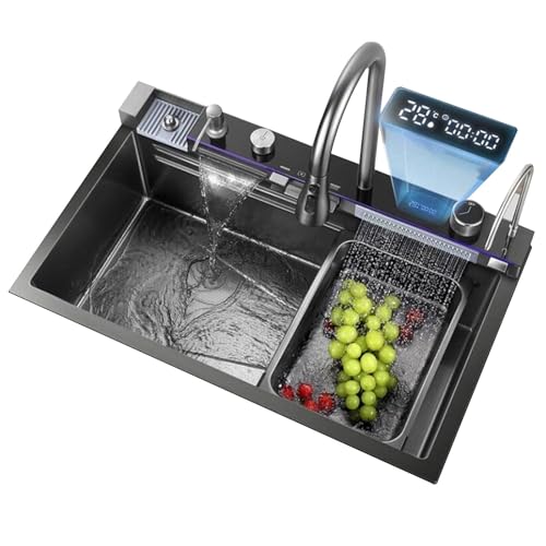 Bricolaje Fregadero De Acero Inoxidable Para Cocina De Apartamento Con Grifo Tipo Cascada Lavavasos Escurridor Y Accesorios Desagüe Fregadero Un Solo Seno Empotrado Sobre Encimera herramientas(Black s