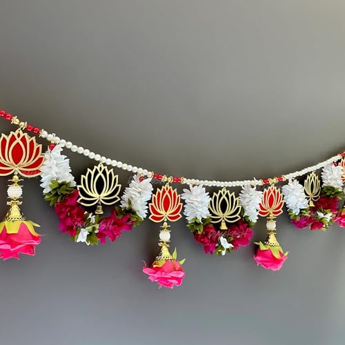 Image of Divyakosh Engineered Wood, Fabric Handmade Lotus Toran for Main Door Entrance | Door Decoration Items Hanging, Bandhanwar for Home Entrance | Toran Size - 38 Inch |, Multicolor