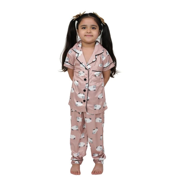 Girl's Silk Bleand Printed Short Sleeve Pajamas Set | Silk Bleand | Printed | Ankle Length | Collar | Short Sleeve | Size 5-6 -Yrs | Colour Brown