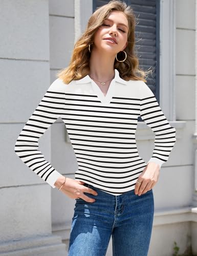 Image of Rapbin Women's V Neck Long Sleeve Ribbed Knit Pullover Sweater Slim Fitted Casual Basic Tee Tops
