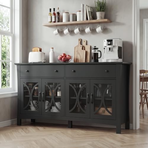 Image of Modern Black Sideboard with Glass Doors,140cm Storage Cabinet with Drawers