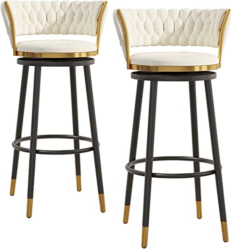 Juego de 2 taburetes de bar giratorios de terciopelo modernos con reposapiés de respaldo bajo y asiento tapizado, elegantes taburetes de cocina de 65 cm de altura del asiento