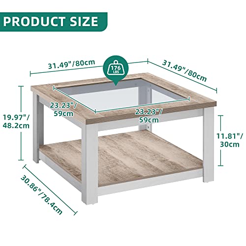Yitahome Square Coffee Table For Living Room,Glass Coffee Table With Storage,Modern Farmhouse Wood Center Table For Home,Grey Coffee Tables For Living Room With Open Storage Compartment #TOP2