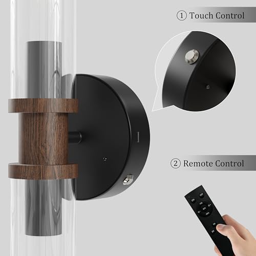 Image of Rayogale Black & Walnut Wireless Battery Operated Wall Sconces with Remote | Glass Rechargeable Wall Lights Set of 2 with Timer Function Dimmable for Living Room Bedroom Emergency 3000K, 20.5 Inch