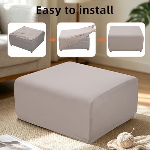 Image of YISUN Super Stretch Square Ottoman Cover - Soft Form Fit Ottoman Slipcover for Foot Stool & Folding Storage, Washable Furniture Protector with Non-Slip Elastic Bottom (M, Khaki)