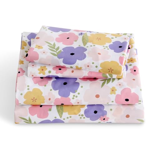 LONAVA Twin Sheet Set Kids - 3 Pieces Soft Microfiber Cartoon Style Bedsheets for Boys Girls Teens Oeko TEX Breathable Deep Pocket Sheets (Flower)