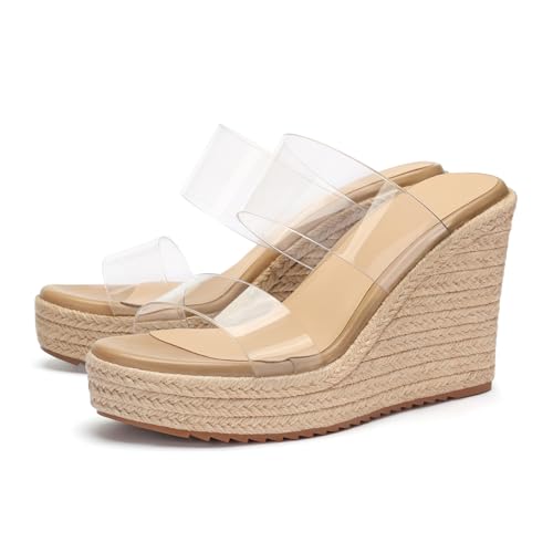 VICKI·VICKI Women's Wedge Sandals Wedges Heels Espadrilles,Slip on Open Toe Platform Summer Shoes,Casual Fashion Vacation Beach Dressy Office Clear Size 8.5