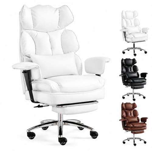 Image of Big and Tall Ergonomic Office Chair with Footrest, Executive High Back PU Leather Desk Chair, Reclining Computer Chair with Adjustable Lumbar Support and Armrests, Swivel Rolling Gaming Chair, Beige