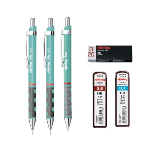 rOtring Tikky - Juego de escritura - 2 portaminas (0,5 mm y 0,7 mm) + bolígrafo - Azul mar - Con goma de borrar y recambios de mina HB - Kit de papelería premium para escuela, oficina y dibujo
