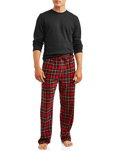 Hanes Mens Adult Xtemp Long Sleeve Crew Shirt & Fleece Plaid Pant Pajamas PJ Set - Black Red Plaid, XX-Large