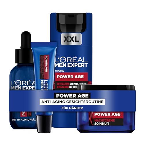 L'Oréal Men Expert Anti Aging Pflegeset gegen Falten für Männer, Mit XXL Gesichtscreme, Gesichtsserum, Augencreme und Nachtcreme, Geschenke für Herren mit Hyaluronsäure, Power Age, 4-teilig