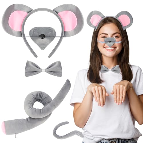 patinadrift 4 Stück Maus Kostüm Set,Verkleidung Tierkostüm Kit Maus Ohren Haarbänder Maus Nase Fliege Schwanz,Tier Kostüm Zubehör für Erwachsene Karneval Halloween