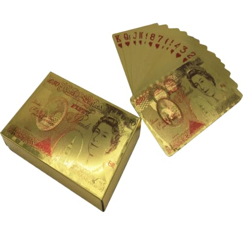 THP DEALS 50 Pound Gold Foil Playing Cards Set, 24k Gold Plated Waterproof Poker Cards - Classic Game, Gifts for Family Party Game/Card Players/Magicians (British Pound)