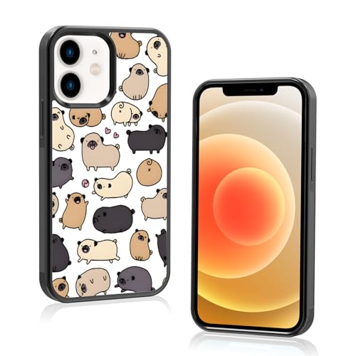 Odhtst Aesthetic Cute Cartoon Pug Dog Phone Case Compatible with iPhone 12 Mini Case 5.4 Inch, TPU Shockproof Protection Funny Kawaii Animal Pet Lovers Phone Case for Girl Women Cover Black
