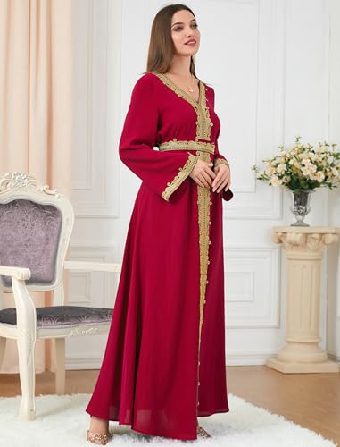 Image of FYMNSI Women Muslim Abaya Dress Islamic Dubai Modest Lace Belted Dress Abayas Kaftan Eid Prayer Clothes Arabian Maxi Robe