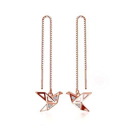 Origami Paper Crane Dangle Drop Earrings Sterling Silver Good Luck Cute Tassel Threader Long Chain Ear Line Stud Earring Minimalist Jewelry Gifts Hypoallergenic for Women Girls