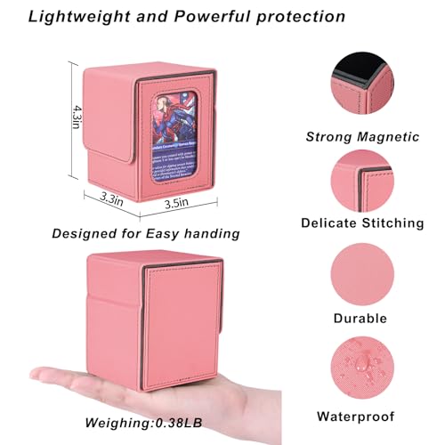 AFIING MTG Deck Box for Commander Display,Card Deck Box Fits 100 Double Sleeved Cards, Magic Commander TCG Card Storage Box with 2 Dividers,Drawstring Bag and 1 Toploader(Pink/grey)